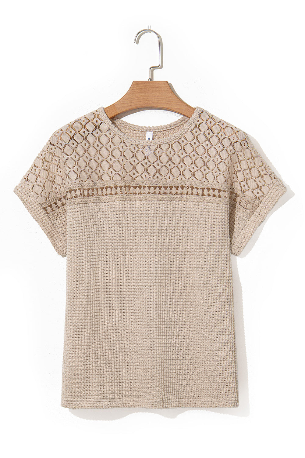 Oatmeal Lace Patchwork Waffle Short Sleeve Top