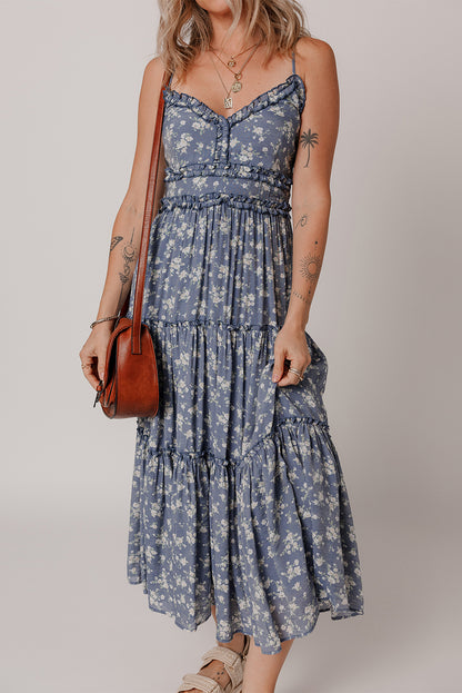 Blue Floral Spaghetti Strap Frilled V Neck Tiered Midi Dress