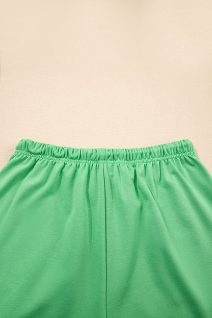 Mint Green V Neck Drop Shoulder Tee and Patchwork Drawstring Shorts Set