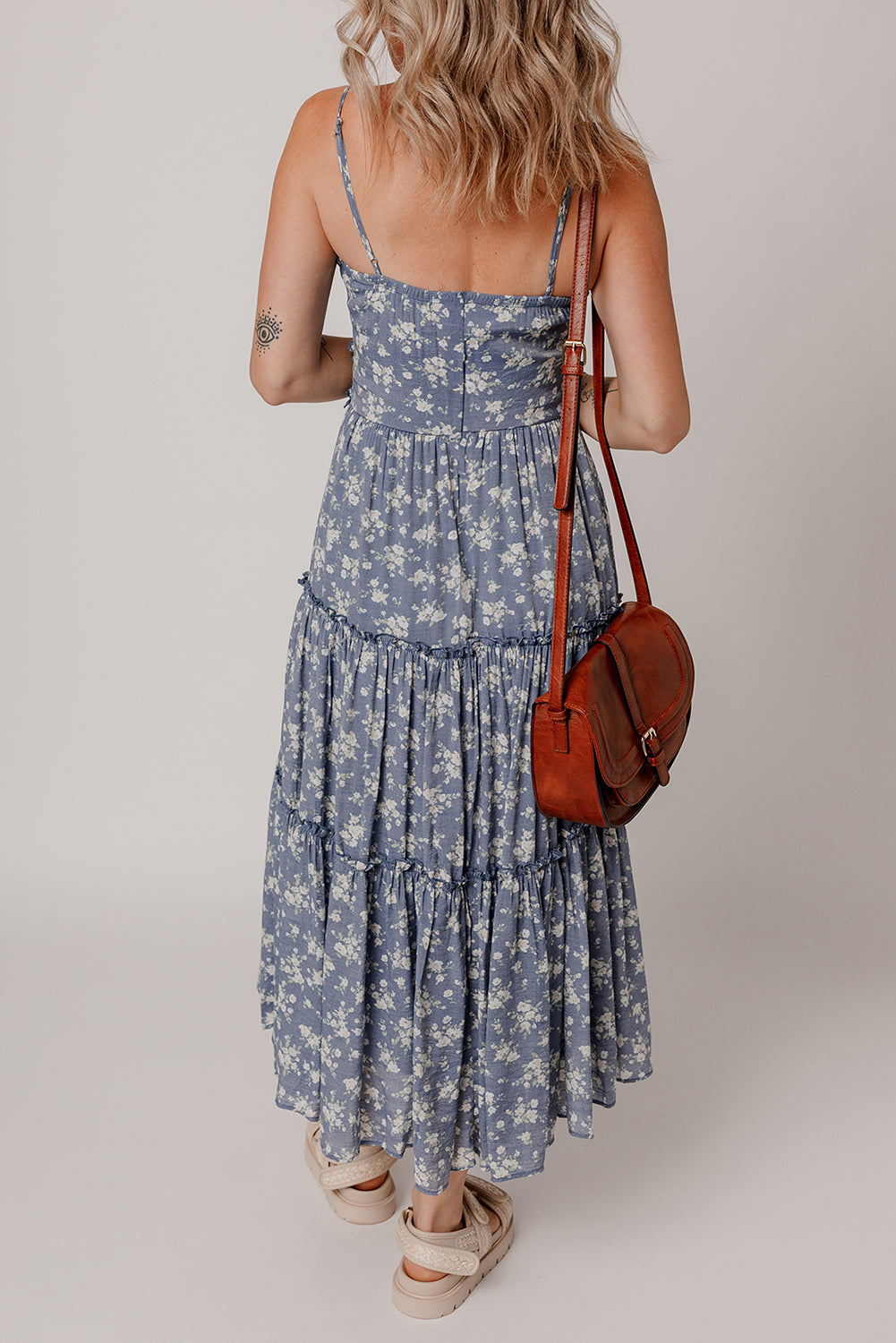 Blue Floral Spaghetti Strap Frilled V Neck Tiered Midi Dress