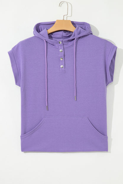 Purple Short Sleeve Buttoned Neck Kangaroo Pocket Hoodie