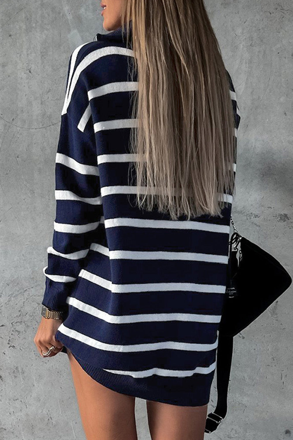 Green Striped/Solid O-ring Zip Collared Loose Sweater Mini Dress