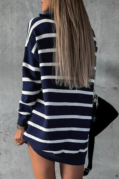 Green Striped/Solid O-ring Zip Collared Loose Sweater Mini Dress