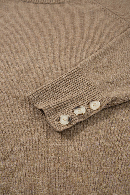 White Buttoned Bishop Sleeve Crew Neck Sweater