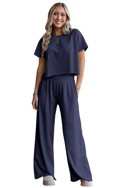 Seagrass Raw Hem Loose Tee and Wide Leg Pants Set