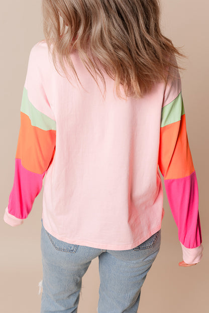 Rose Red Colorblock Patchwork Long Sleeve Loose Top