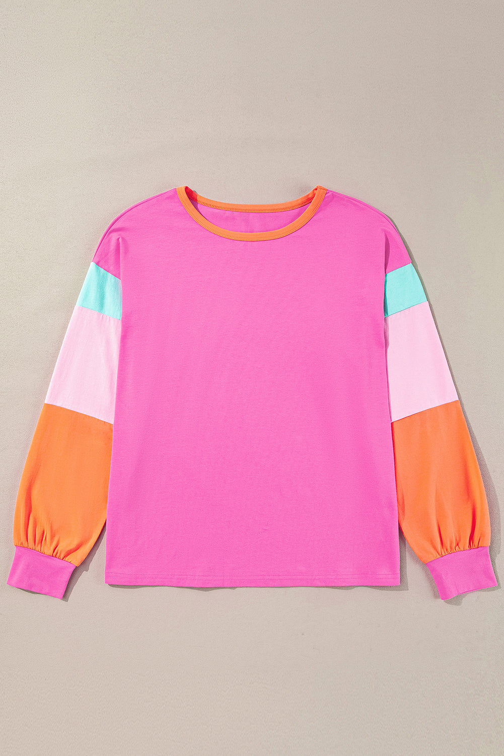 Rose Red Colorblock Patchwork Long Sleeve Loose Top