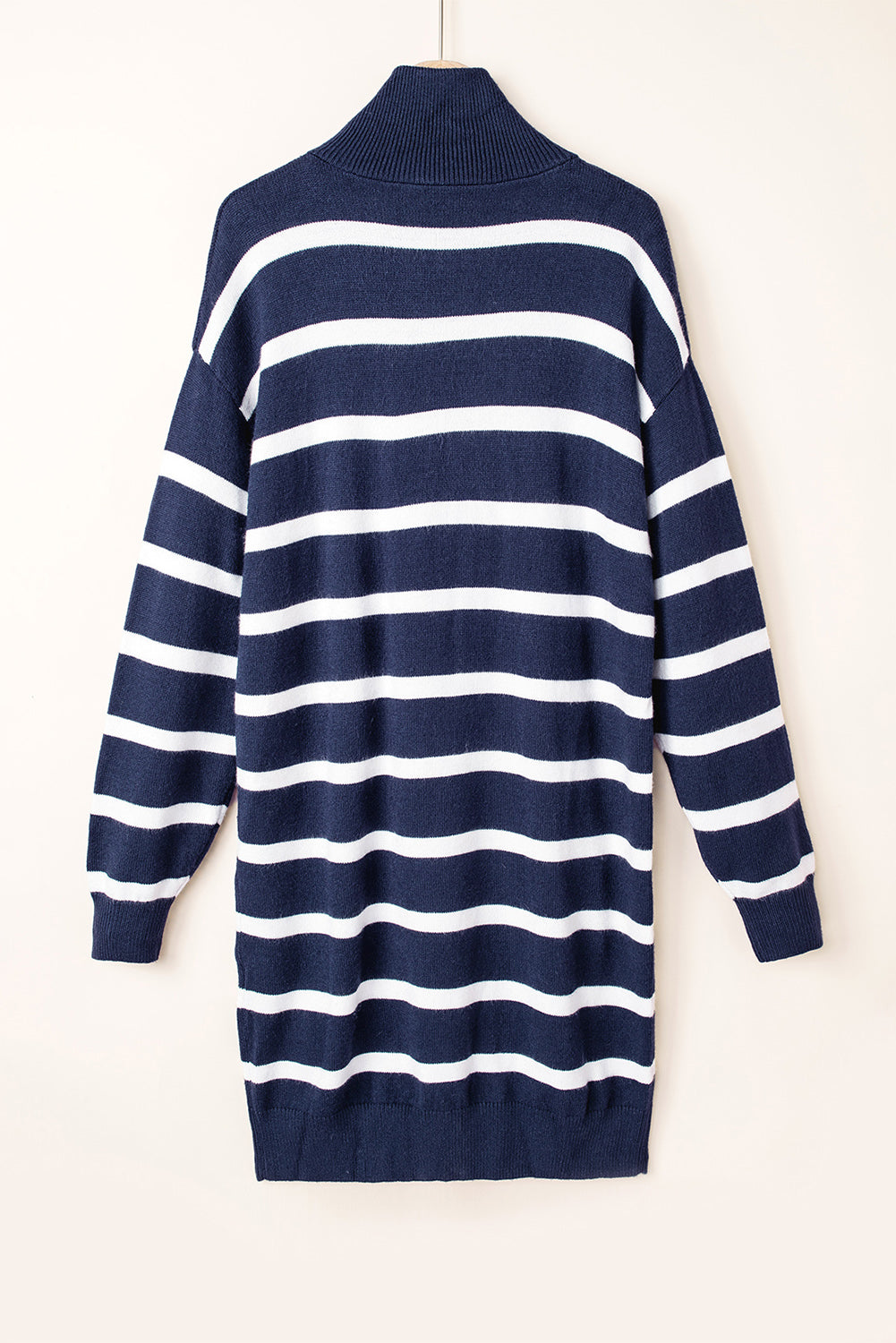 Green Striped/Solid O-ring Zip Collared Loose Sweater Mini Dress
